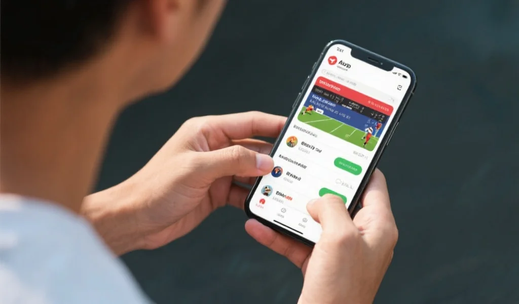 一位用户正在使用智能手机浏览体育App,屏幕显示简洁明了的赛事信息界面